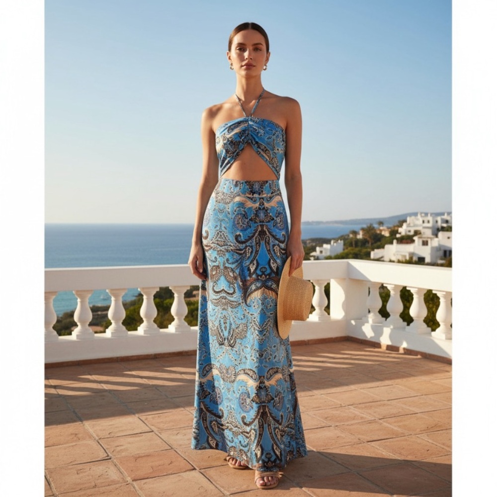 Boho Blue Paisley Halter Maxi Dress with Brown Accents